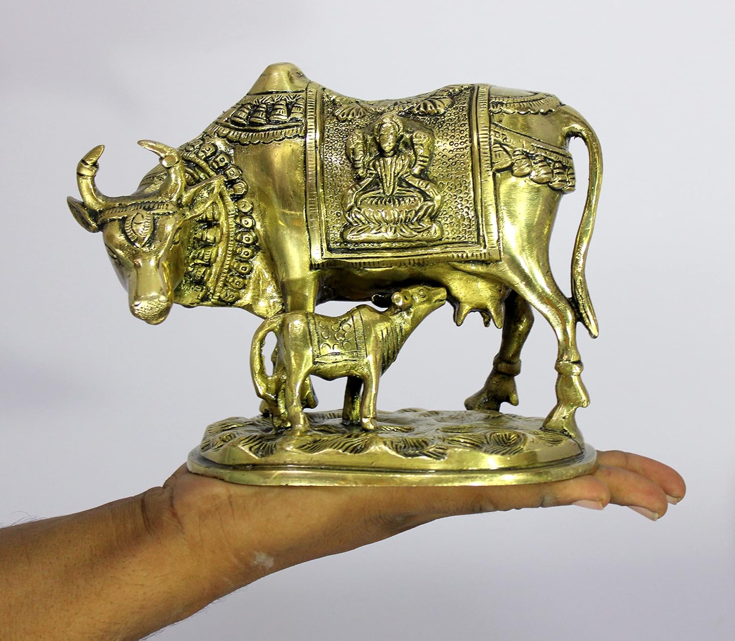 eSplanade Brass Holy Kamdhenu Kamadhenu Cow and Calf Sculpture - Lucky Figurine Idol Statue Sculpture- 6",5.5", 2.75"