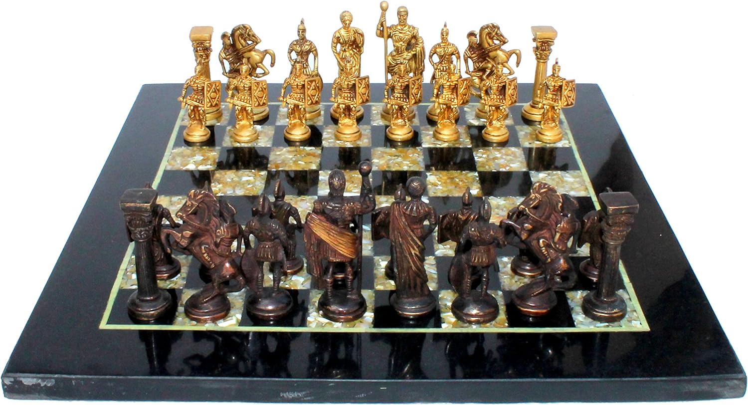 StonKraft Collectiblck e Black Marble & (MOP) Mother of Pearl Chess Board Set + Brass Chess Pieces - Decorative Stone Chess - Home Decor - 15" Inches