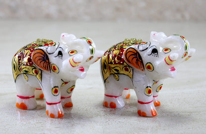 eSplanade Marble Elephant Family - Set of 2 - Sculpture Showpiece Figurines - Home Decor - White Multi - 3" Inches (Small)