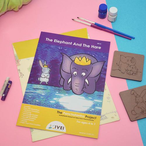 IVEI Panchatantra Kids Learning Book - Workbook and 2 DIY coasters of Panchatantra Story - Colouring Activity Worksheets - Creative Fun Activity and Education For Kids - The Elephant and the Hare