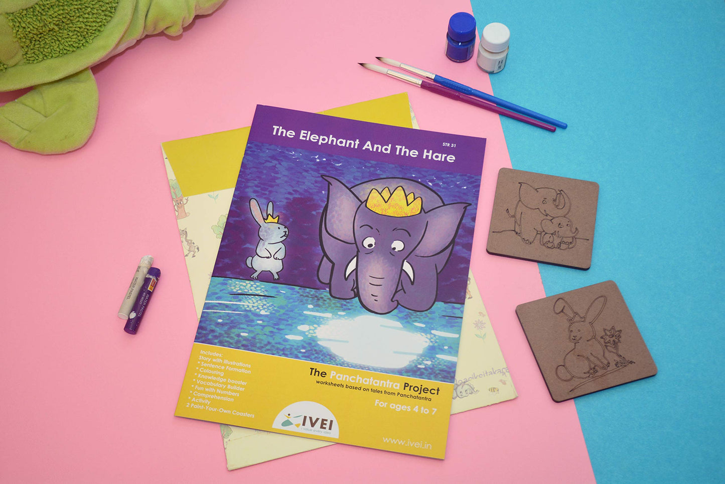 IVEI Panchatantra Kids Learning Book - Workbook and 2 DIY coasters of Panchatantra Story - Colouring Activity Worksheets - Creative Fun Activity and Education For Kids - The Elephant and the Hare