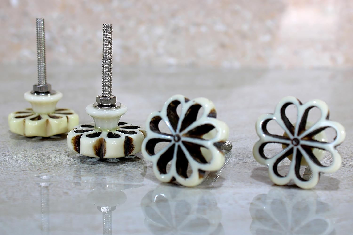 eSplanade Cupboard Cabinet Door Decorative Knobs - Set of 4 | Drawer Handles Cupboard Pulls Almirah Hooks | Round-Floral - Acrylic Plastic - Diameter 4 cms - White-Black (Floral Knob 1-12)