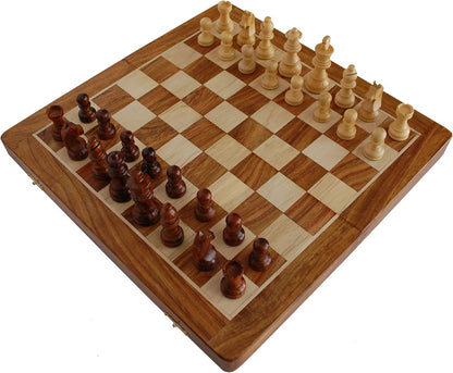 BKRAFT4U Handmade Wooden Acacia wood Foldable Magnetic Chess Game Board with Storage Slots, 14 Inch