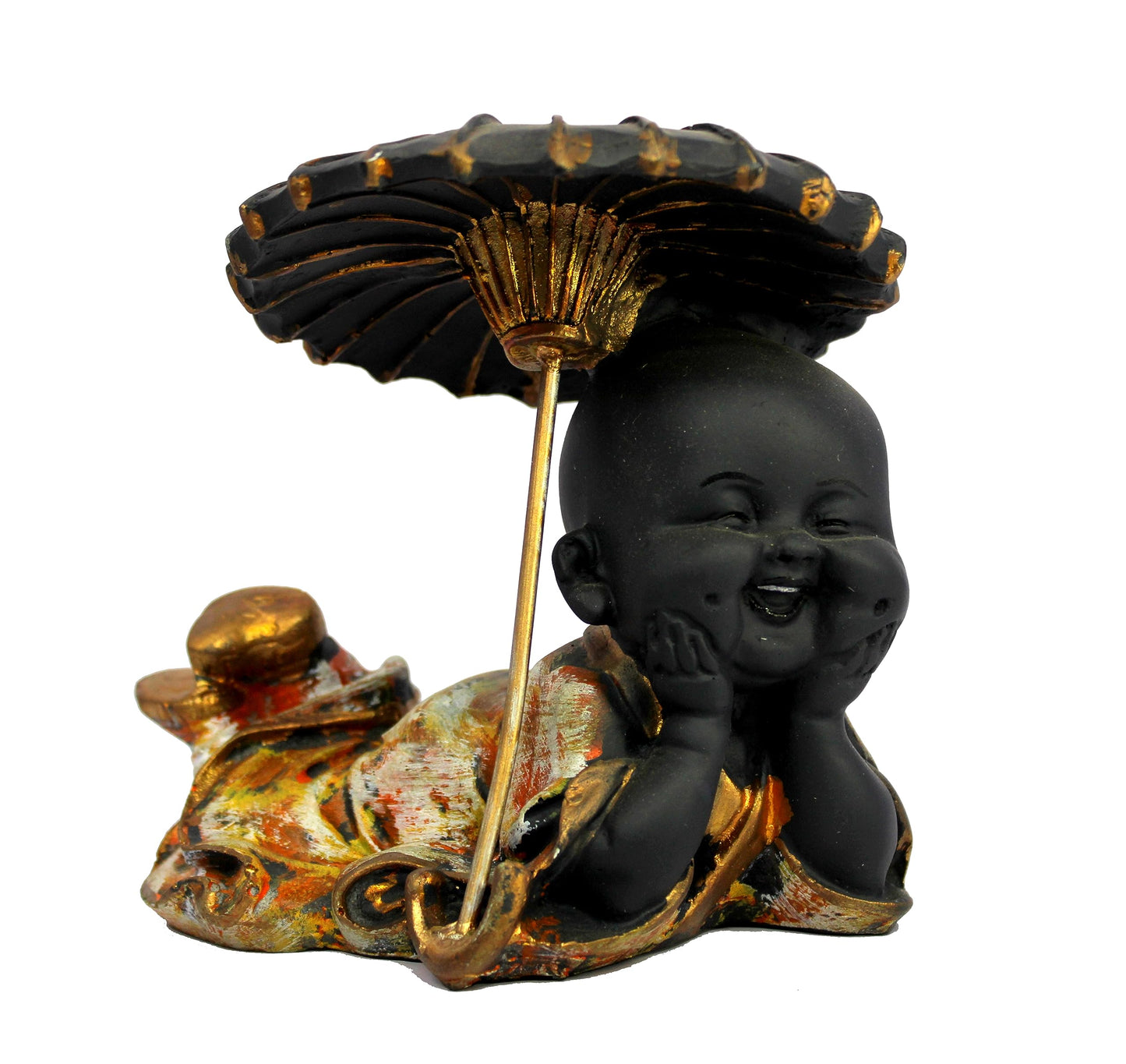 eSplanade Happy Buddha Monk Statues with Umbrella | Feng Shui Monk Figurine Showpiece - Set of 3 - Home Decor | Resin - Multi - 6.75" Inches