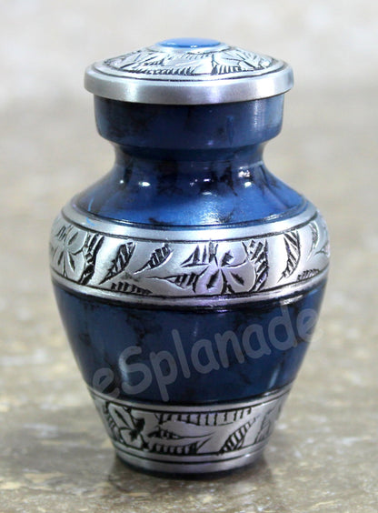 eSplanade Mini Cremation Urn Keepsake Memorial Jar Pot Container | Small Urn for Funeral Ashes Burial | Engraved Metal Keepsake | Navy Blue - 4.5" Inches