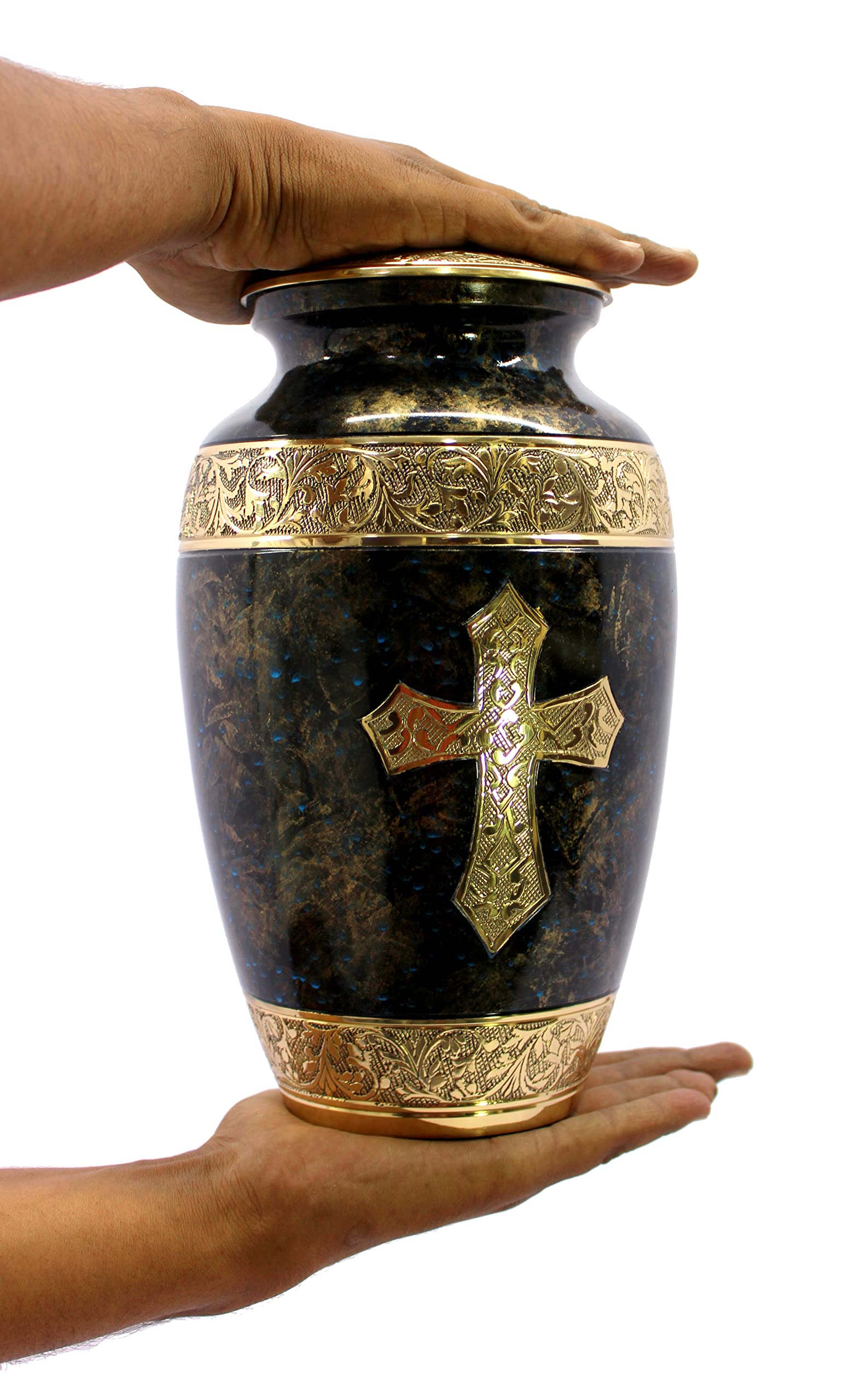 eSplanade Brass Cremation Urn Memorial Jar Pot Container | Full Size Urn for Funeral Ashes Burial | Holy Cross Printed Urn | Black - 10" Inches