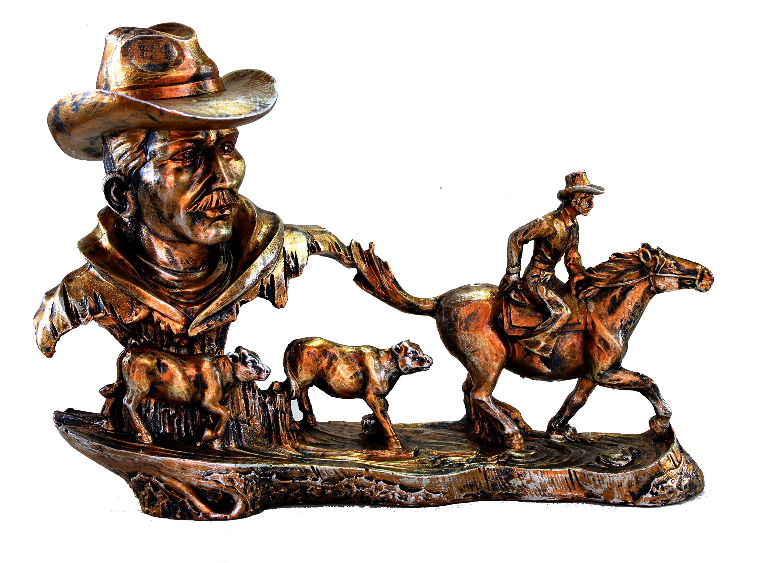 eSplanade Resin Cowboys with Horse, Cow Decorative Sculpture Showpiece Figurine - Home Decor - Grey Brown & Golden Brown- 9" Inches (Height)