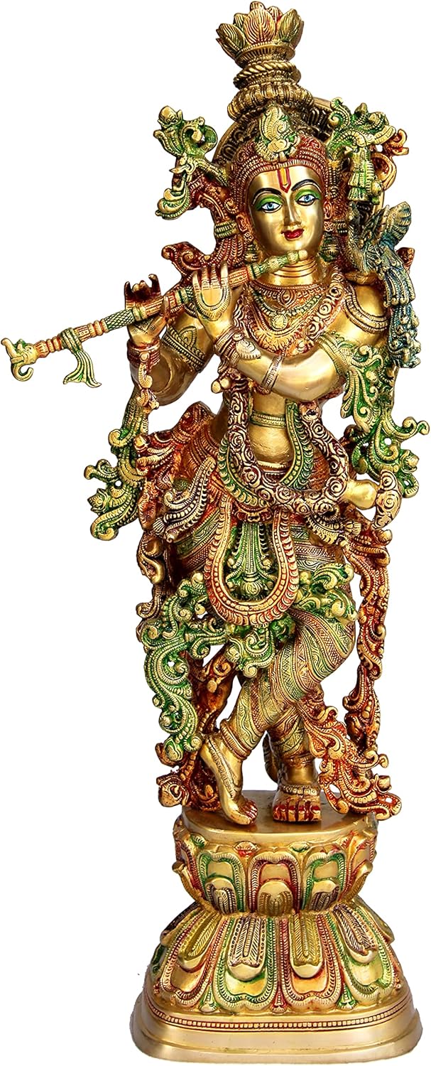 eSplanade Brass Krishna Murti Idol Statue Sculpture (Very Big Size - 46" inches Height) | Krishna Idol with Arch Stand Singhasan | Pooja Idols | Home Decor