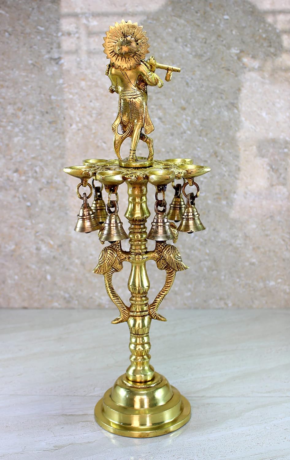 Brass Krishna Oil Lamp | Home Decor | Brass Diya Deepam Lamps | Kuthu Vilakku | Lamps for Home and Office - 16.5" Inches - Big Size