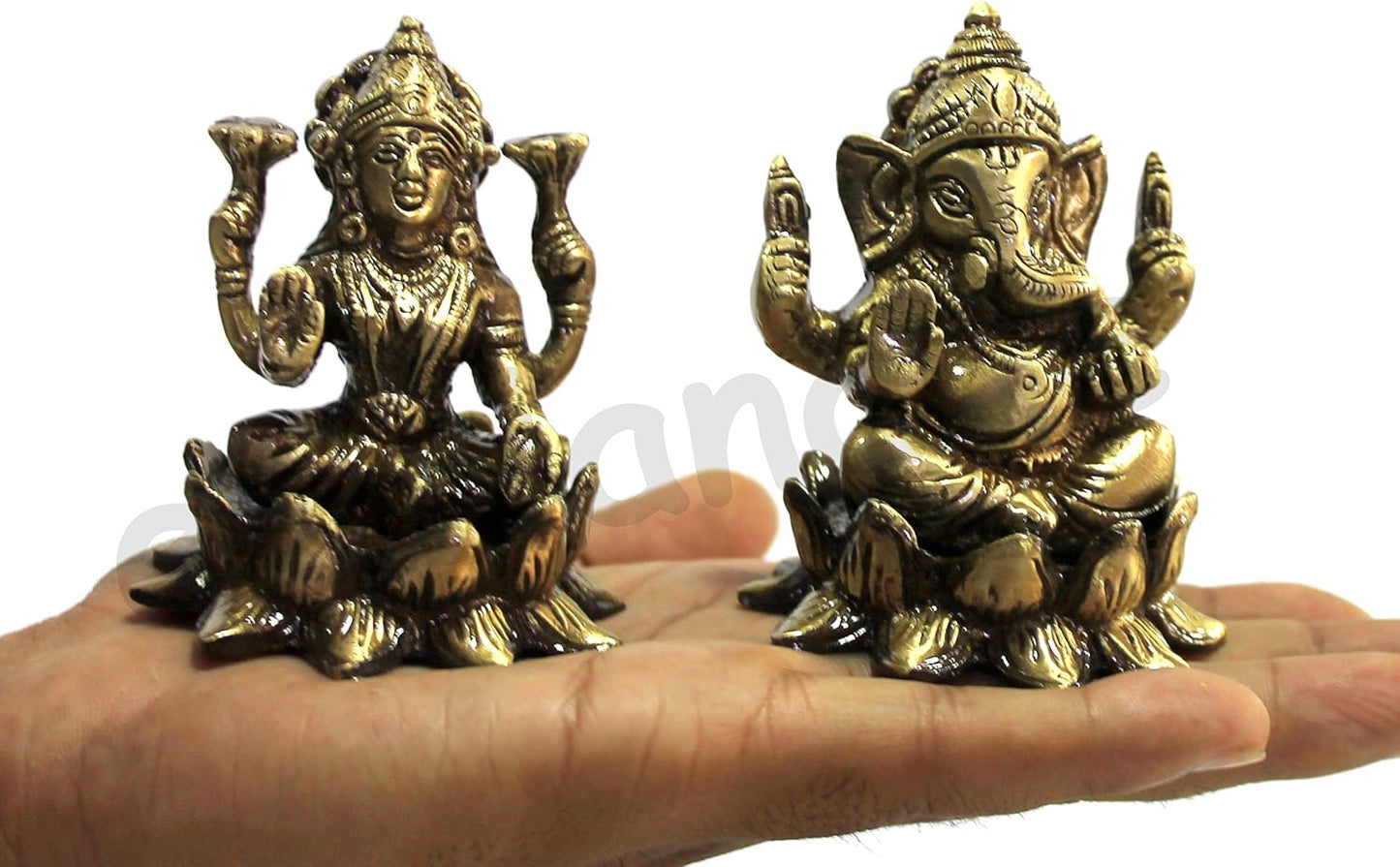 3" Brass Laxmi Ganesh Idol On Lotus Set