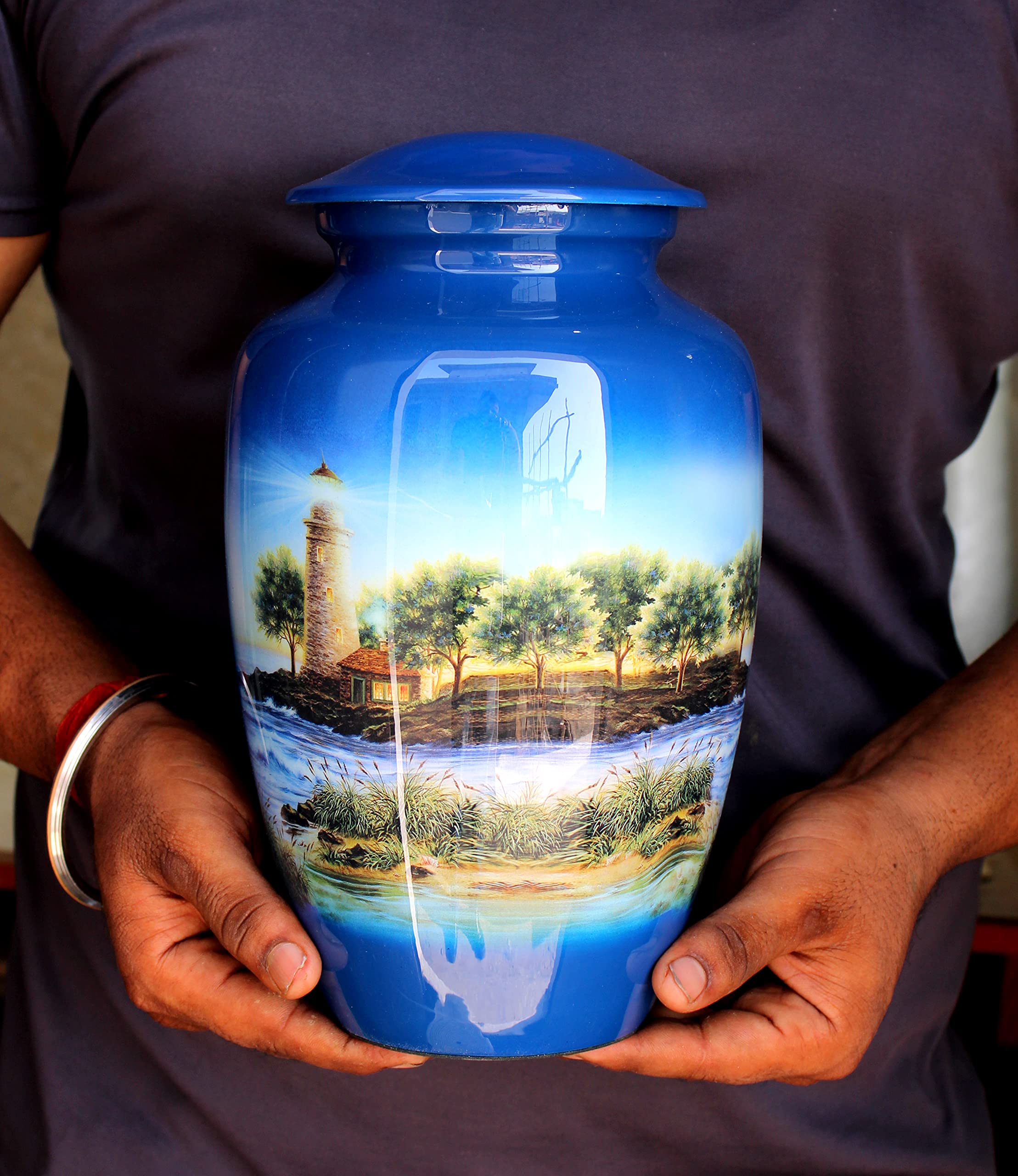 eSplanade Metal Cremation Urn Memorial Jar Pot Container | Full Size Printed Urn for Funeral Ashes Burial | Metal Urns | (Multicolor) - 10" Inches