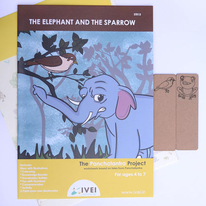 IVEI Panchatantra Kids Learning Book - Workbook and 2 DIY Bookmarks of Panchatantra Story - Colouring Activity Worksheets - Creative Fun Activity and Education For Kids - The Elephant and the Sparrow