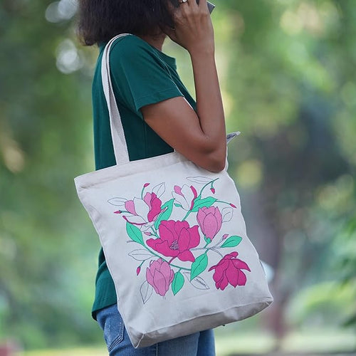 SKAPADORO, Canvas Zip Tote - 100% Cotton, Ecofriendly Printed Tote Bags For Travel, College & Beach, Shopping, Grocery, Easy to Wash Trendy Everyday Shoulder Bag (1, Magnolia Flower)