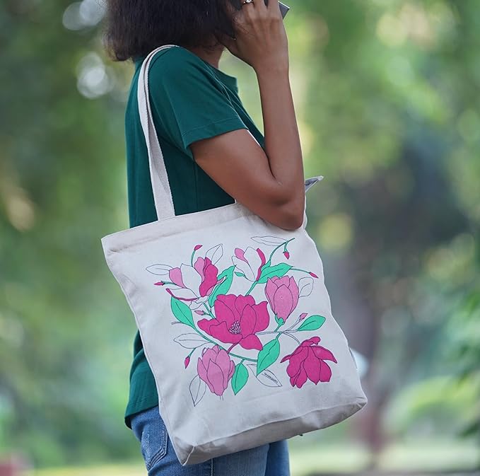 SKAPADORO, Canvas Zip Tote - 100% Cotton, Ecofriendly Printed Tote Bags For Travel, College & Beach, Shopping, Grocery, Easy to Wash Trendy Everyday Shoulder Bag (1, Magnolia Flower)
