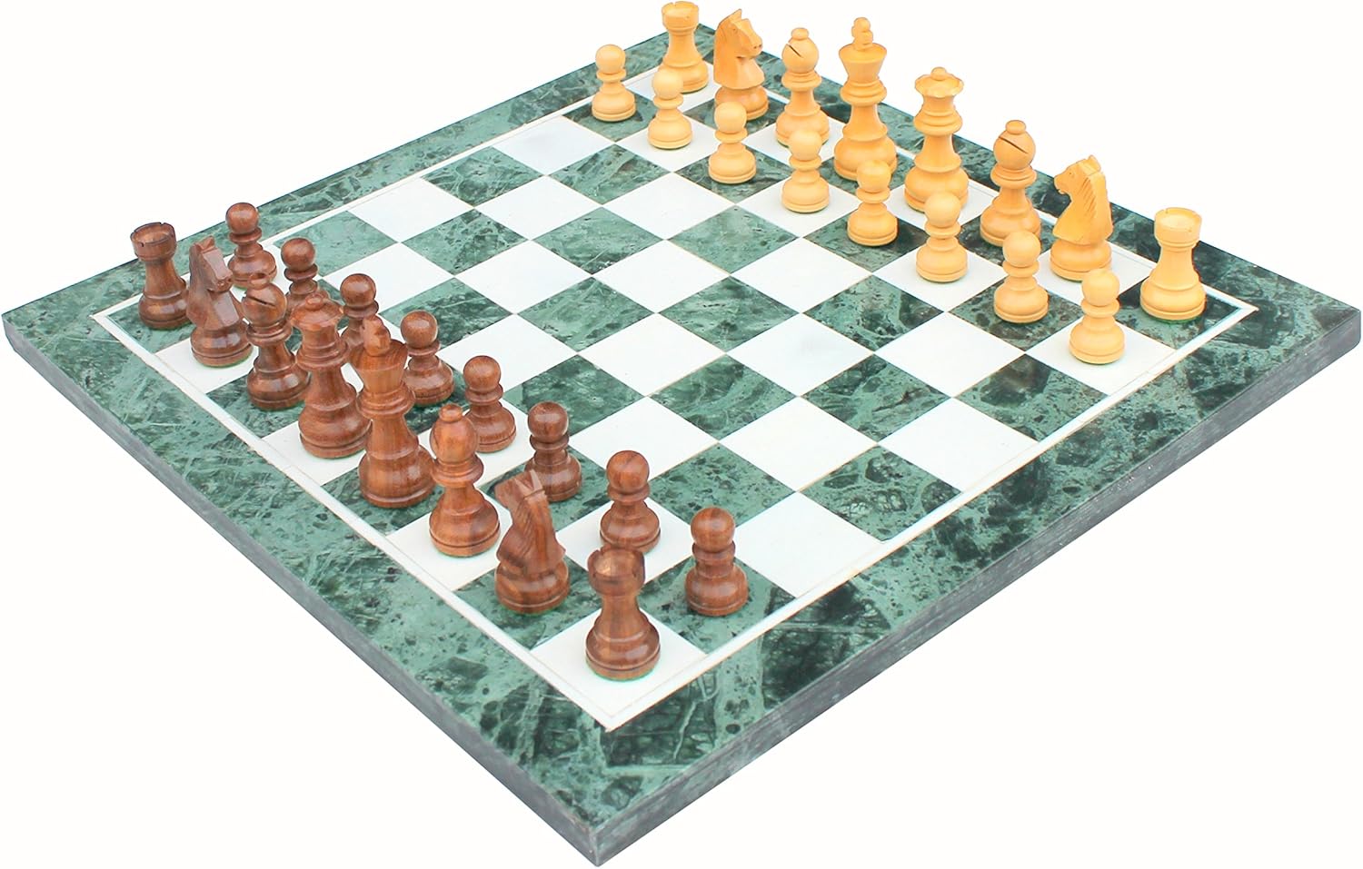 StonKraft Collectible Green Marble Chess Board Set + Brass Wooden Combo Pieces Pawns - Decorative Stone Chess - Home Decor