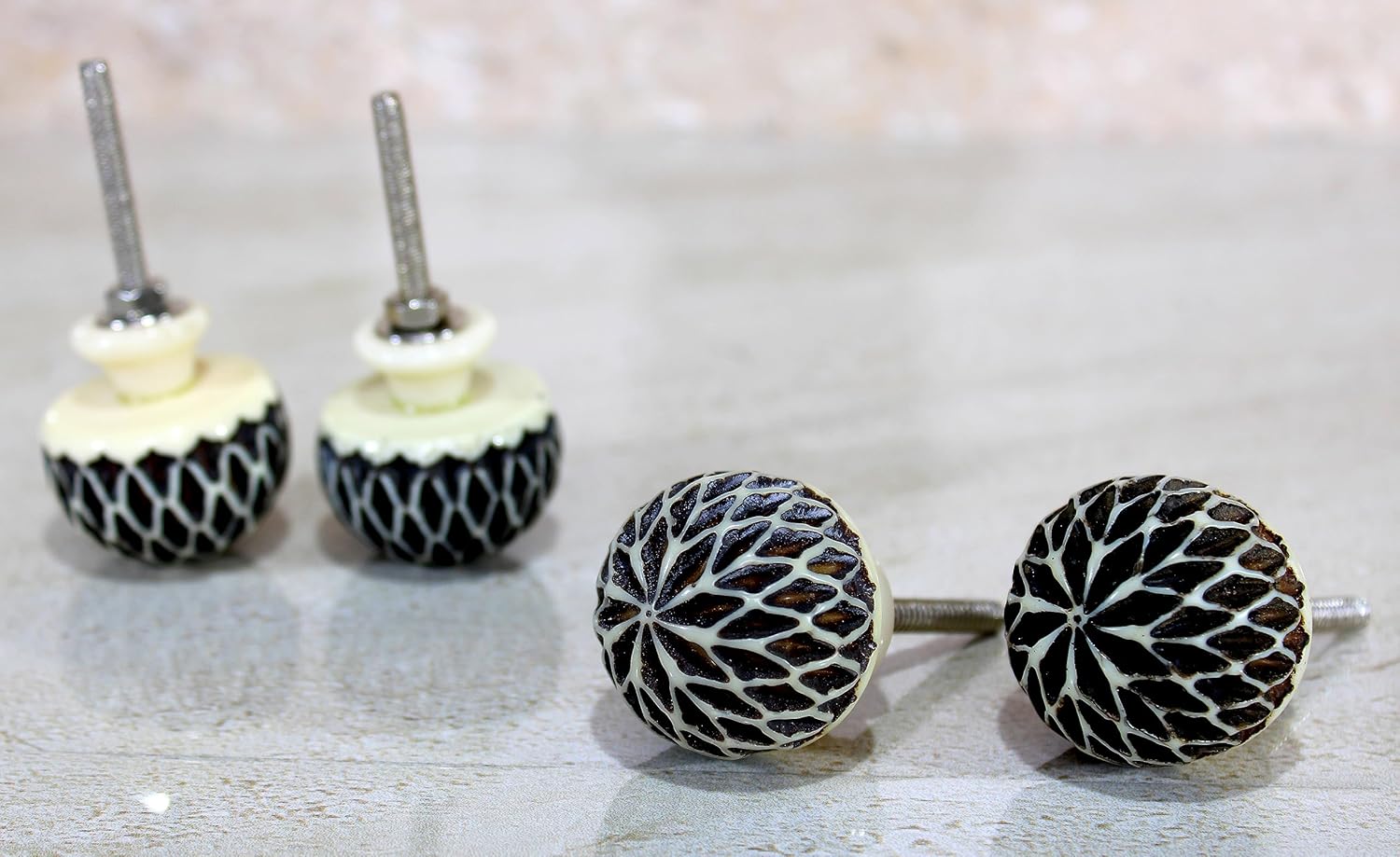 eSplanade Cupboard Cabinet Door Decorative Knobs - Set of 4 | Drawer Handles Cupboard Pulls Almirah Hooks | Round-Floral - Acrylic Plastic - Diameter 4 cms - White-Black (Floral Knob 1-12)