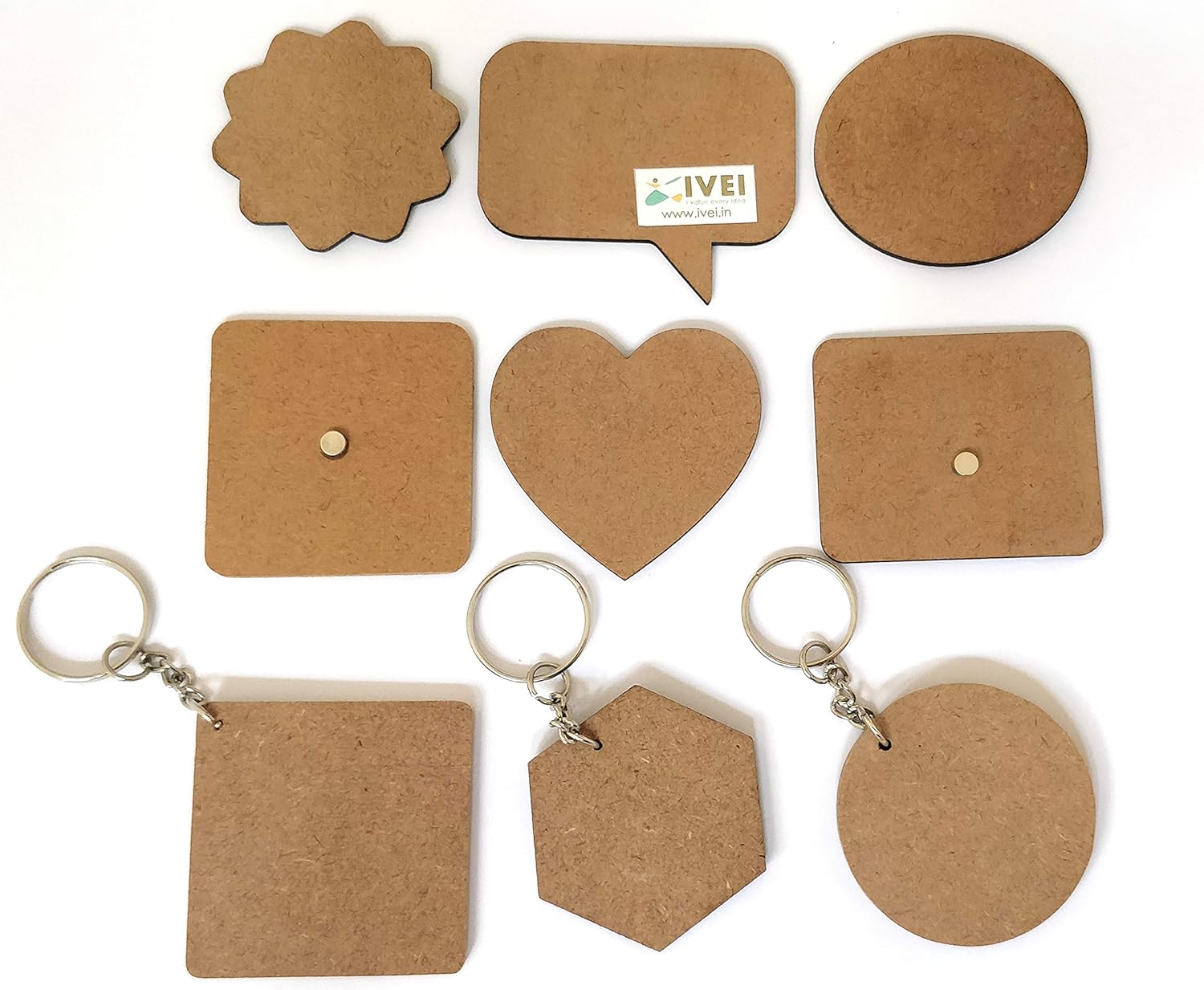 IVEI MDF Plains/Resin Pour Blanks DIY Mixed Bag - 12 Magnets and 6 Keyrings for Craft and Activities/Decoupage