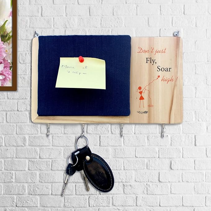 ESPLANADE Warli Key Holder with Pin Board - Handcrafted Wooden Wall Organizer, Traditional Decorative Pin-up Board with Inspirational Quote, Includes 4 Push Pins - 10x7.25in, Handmade by Artisans