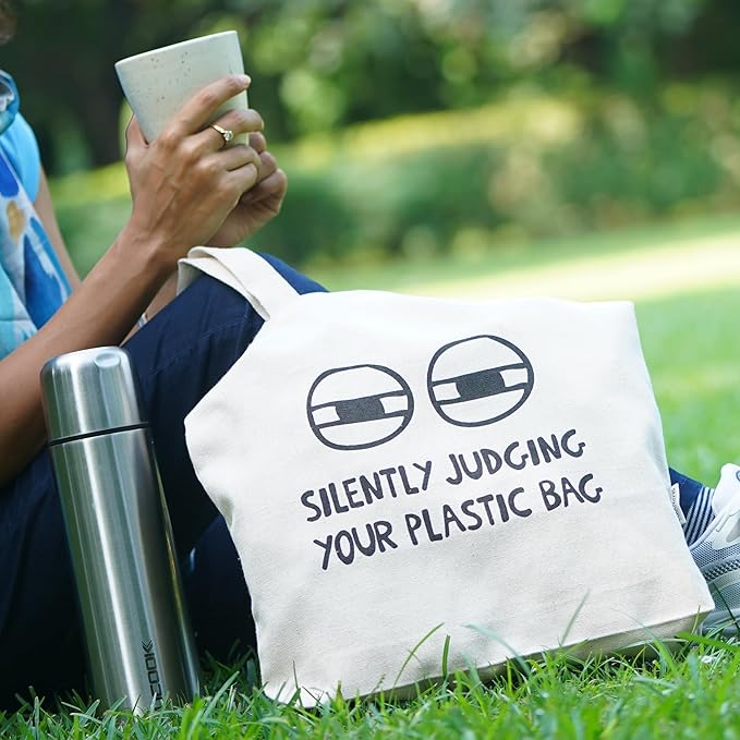 SKAPADORO Tote Bag 100% Cotton, Natural Ecofriendly Basic Canvas Bag for Travel, College, Beach, Shopping, Grocery, Vegetable Bag - Sun/Beach; Judging Plastic Bag & Origami Design