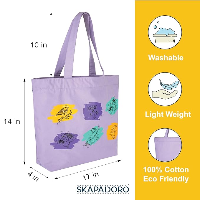 SKAPADORO Canvas Big Zip Printed Handbag Tote,100% Cotton, Inner pocket, Ecofriendly Bag for Women, Travel College Beach Shopping, Easy to Wash Everyday Shoulder Bag - Quirky Desi Graphic Designs