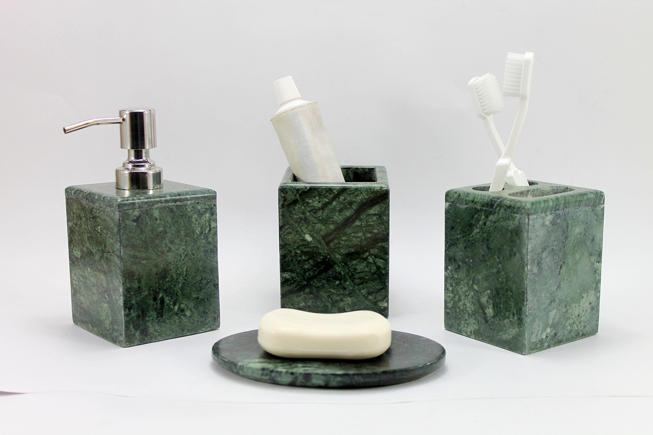 KLEO - Bathroom Accessory Set made from Natural Stone - Bath Accessories set of 4 includes Soap Dispenser, Toothbrush Holder, Tumbler and Soap Dish (Green, Grey)