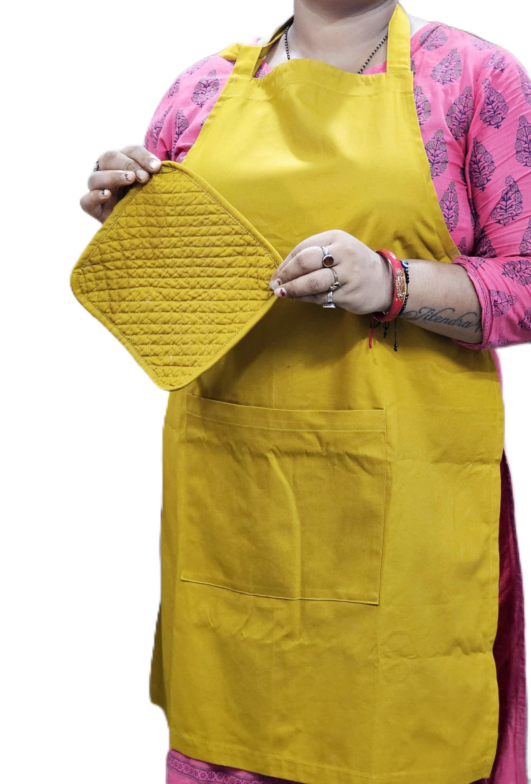 Essential Kitchen Cotton Apron Set - Apron, Padded Pot Holder/Coaster, and a Cotton Kitchen Towel | Lightweight