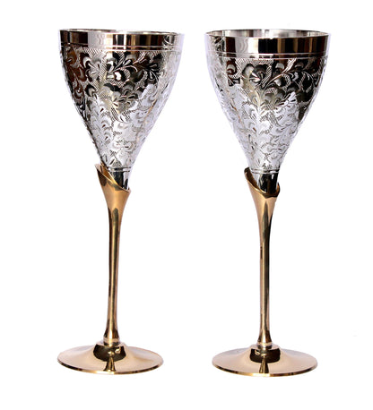 Stonkraft Engraved Pure Brass Premium Goblet Champagne Flutes Coupes Wine Glass Set Standard Silver