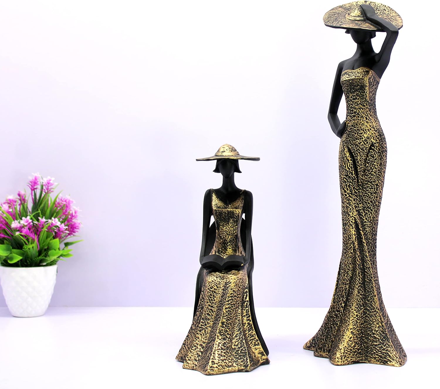 eSplanade Hat Cap Lady Showpiece Statue Sculpture Figurine | Set of 2 | Home Decor Valentine Day Gift | Resin - 18.5" Inches - Black-Golden