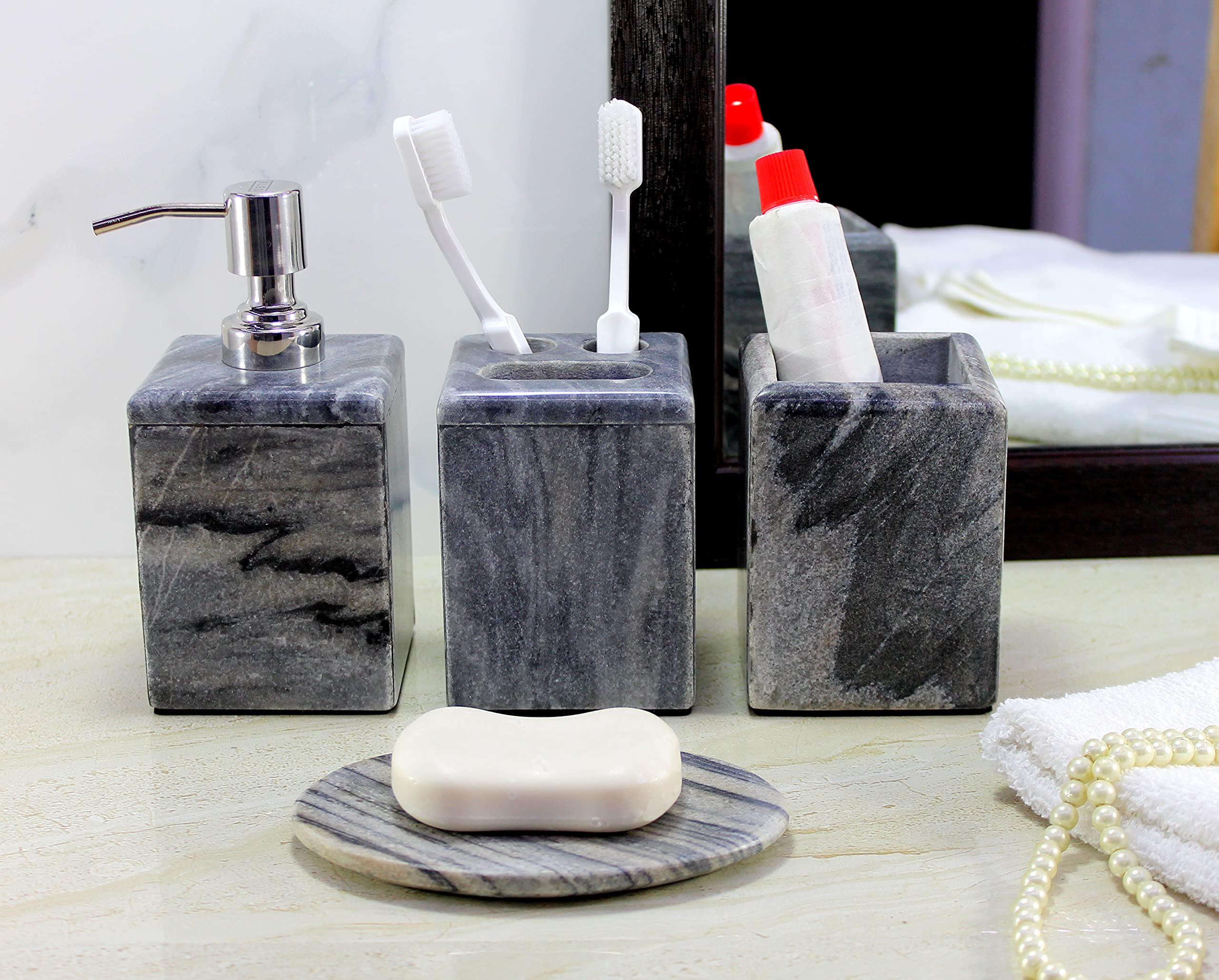 KLEO - Bathroom Accessory Set Made from Natural Stone - Bath Accessories Set of 4 Includes Soap Dispenser, Toothbrush Holder, Tumbler and Soap Dish (Black, Brown)