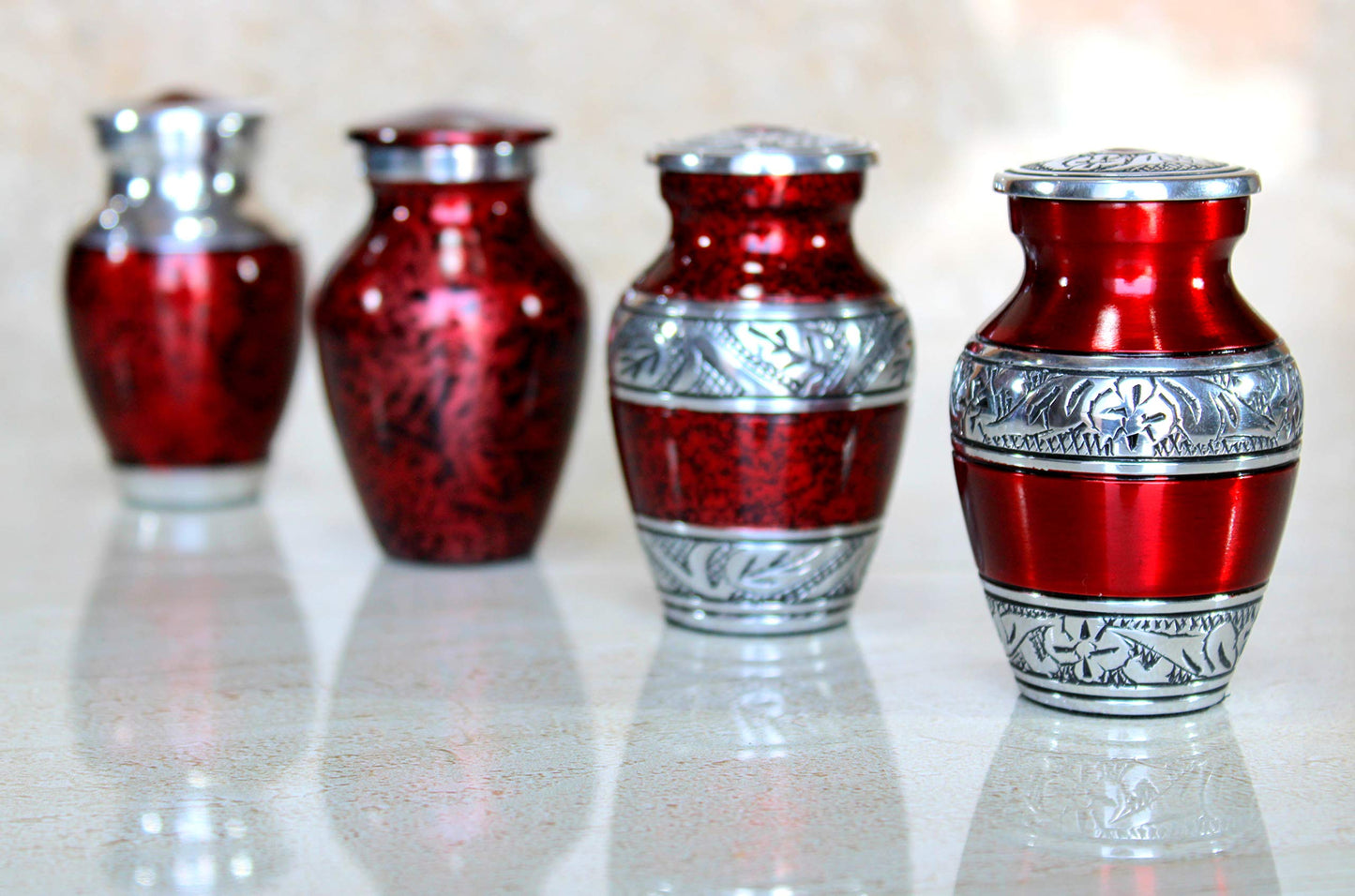 eSplanade Metal Mini Cremation Urn Keepsake Memorial Jar Pot Container - Set of 4 | Small Urns for Funeral Ashes Burial | Engraved and Textured Keepsakes | Red - 3" Inches