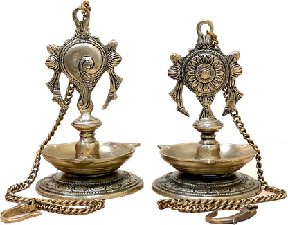 StonKraft - Pair of Brass Hanging Diya, Oil Lamp, Lamp for Home and Office (Hanging Length 25.75")