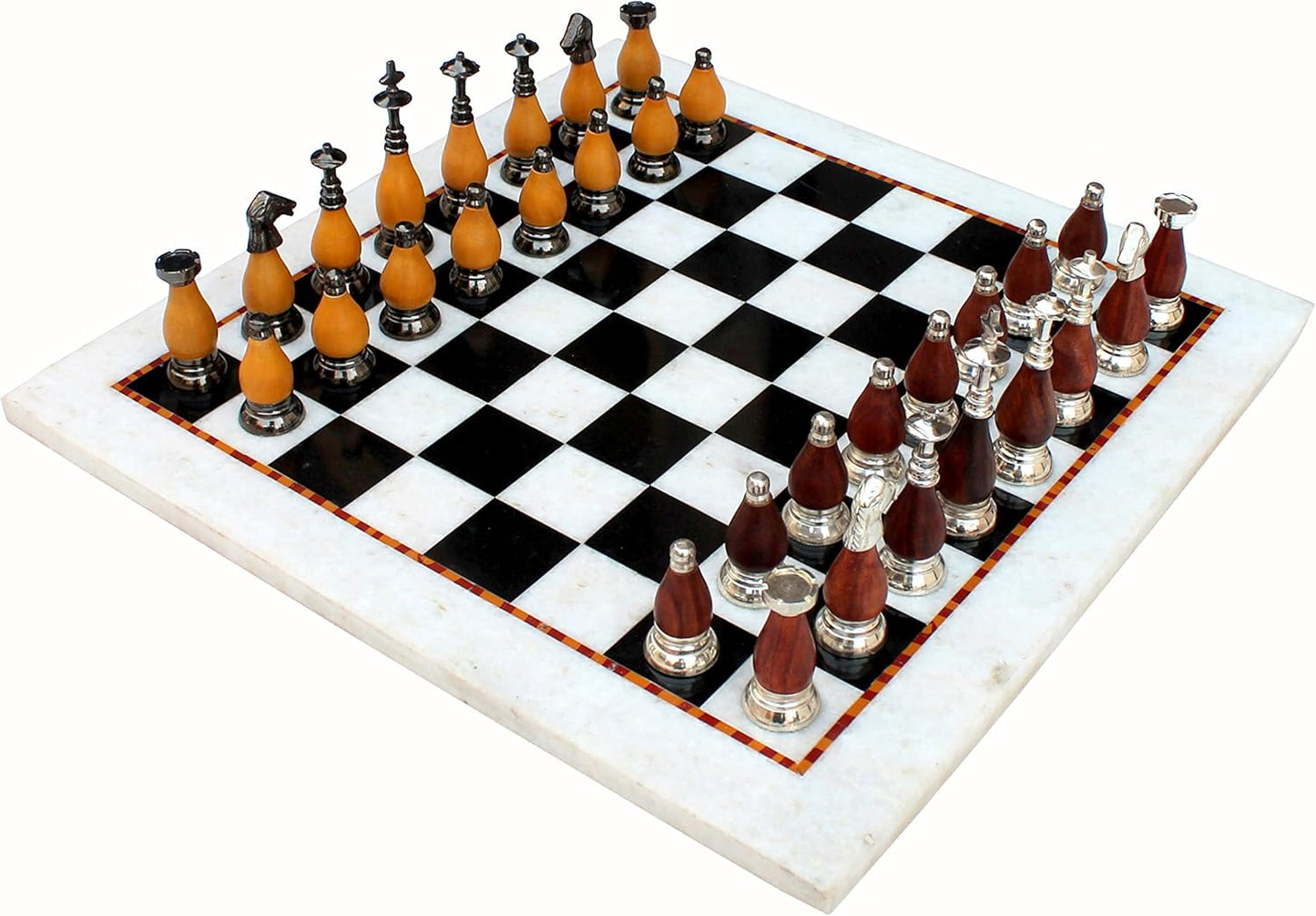 StonKraft Collectible Black & White Marble Chess Board Set + Brass Wooden Chess Pieces Pawns - Decorative Stone Chess - Home DŽcor - 15" Inches