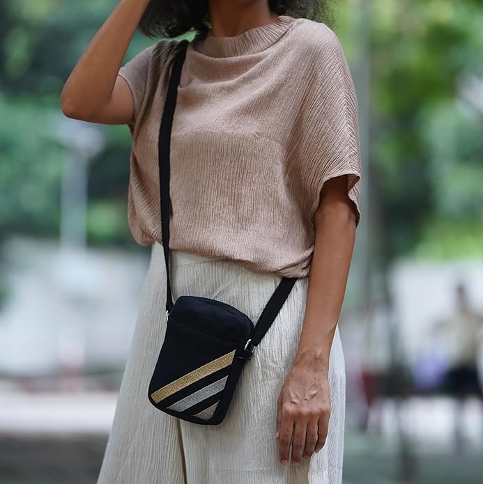 SKAPADORO Canvas Mobile Cross Body Black Sling Bag for Women Girls,100% Cotton, Embroidery, Zip Closure, Pocket, Adjustable Strap, Compact Everyday Bag - Day to Night (Black)