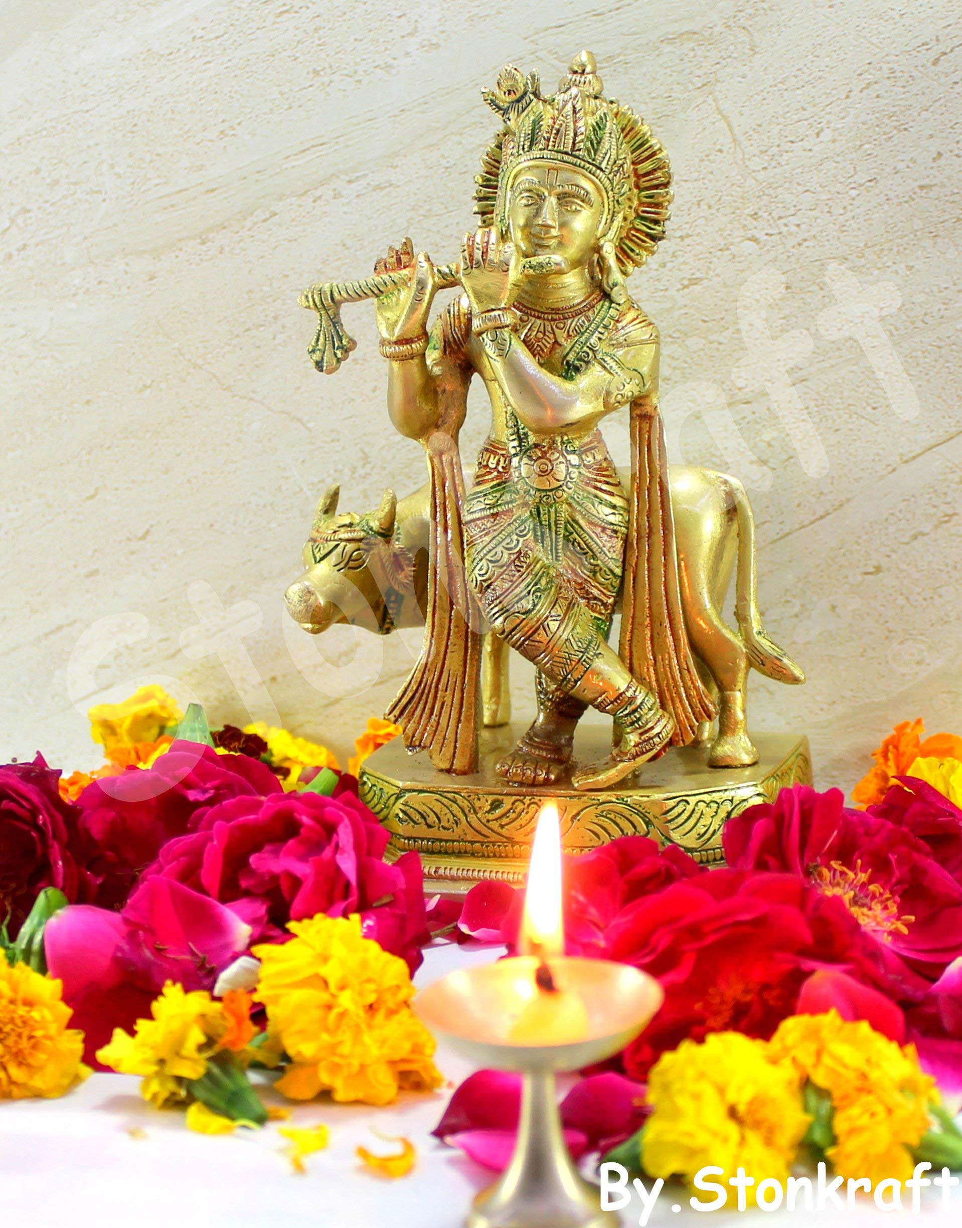 StonKraft - Lord Krishna Kishan Kanha with Kamdhenu Cow Murti Idol Statue Sculpture - Brass - 8" & 9" - Multicolor