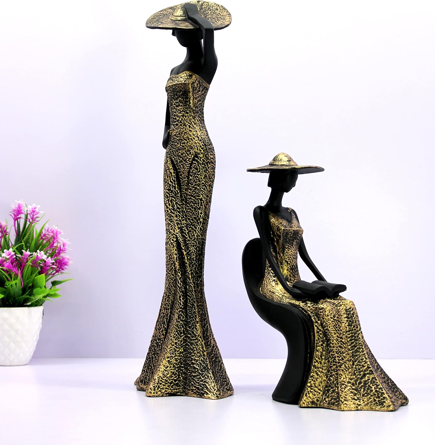 eSplanade Hat Cap Lady Showpiece Statue Sculpture Figurine | Set of 2 | Home Decor Valentine Day Gift | Resin - 18.5" Inches - Black-Golden