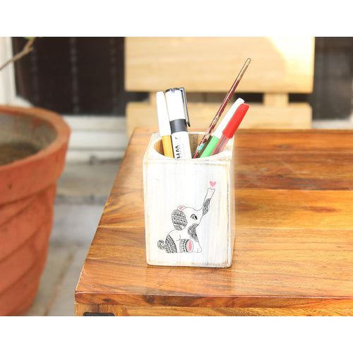 IVEI Wooden Rectangular Pen Stand - Elephant Doodle Pen/Pencil Holder - Minimalistic Office Desk Organizer - Wooden Stationery Holder for Office and Study Table - Unique Budget Gifts