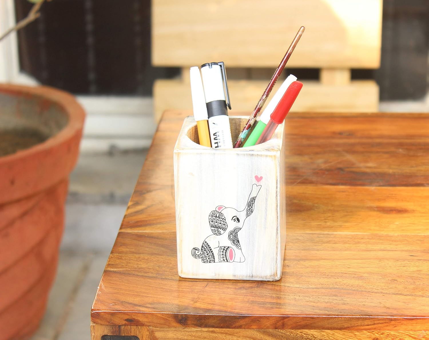 IVEI Wooden Rectangular Pen Stand - Elephant Doodle Pen/Pencil Holder - Minimalistic Office Desk Organizer - Wooden Stationery Holder for Office and Study Table - Unique Budget Gifts