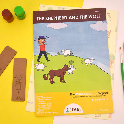 IVEI Panchatantra Story Kids Learning Book - Workbook and 2 DIY Bookmarks - Colouring Activity Worksheets - Creative Fun Activity and Education for Kids - The Shepherd and The Wolf (Age 4 to 7 Years)