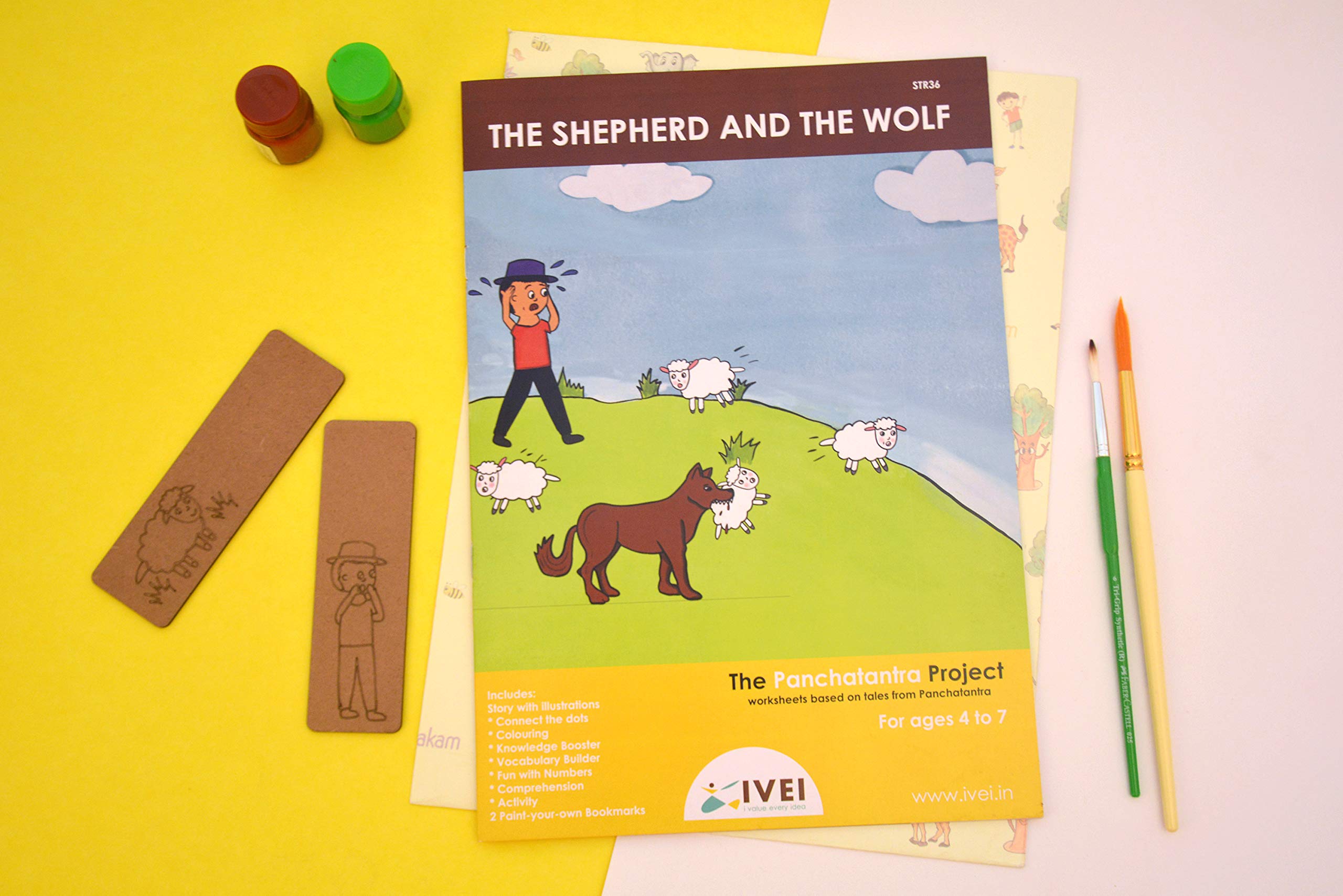 IVEI Panchatantra Story Kids Learning Book - Workbook and 2 DIY Bookmarks - Colouring Activity Worksheets - Creative Fun Activity and Education for Kids - The Shepherd and The Wolf (Age 4 to 7 Years)