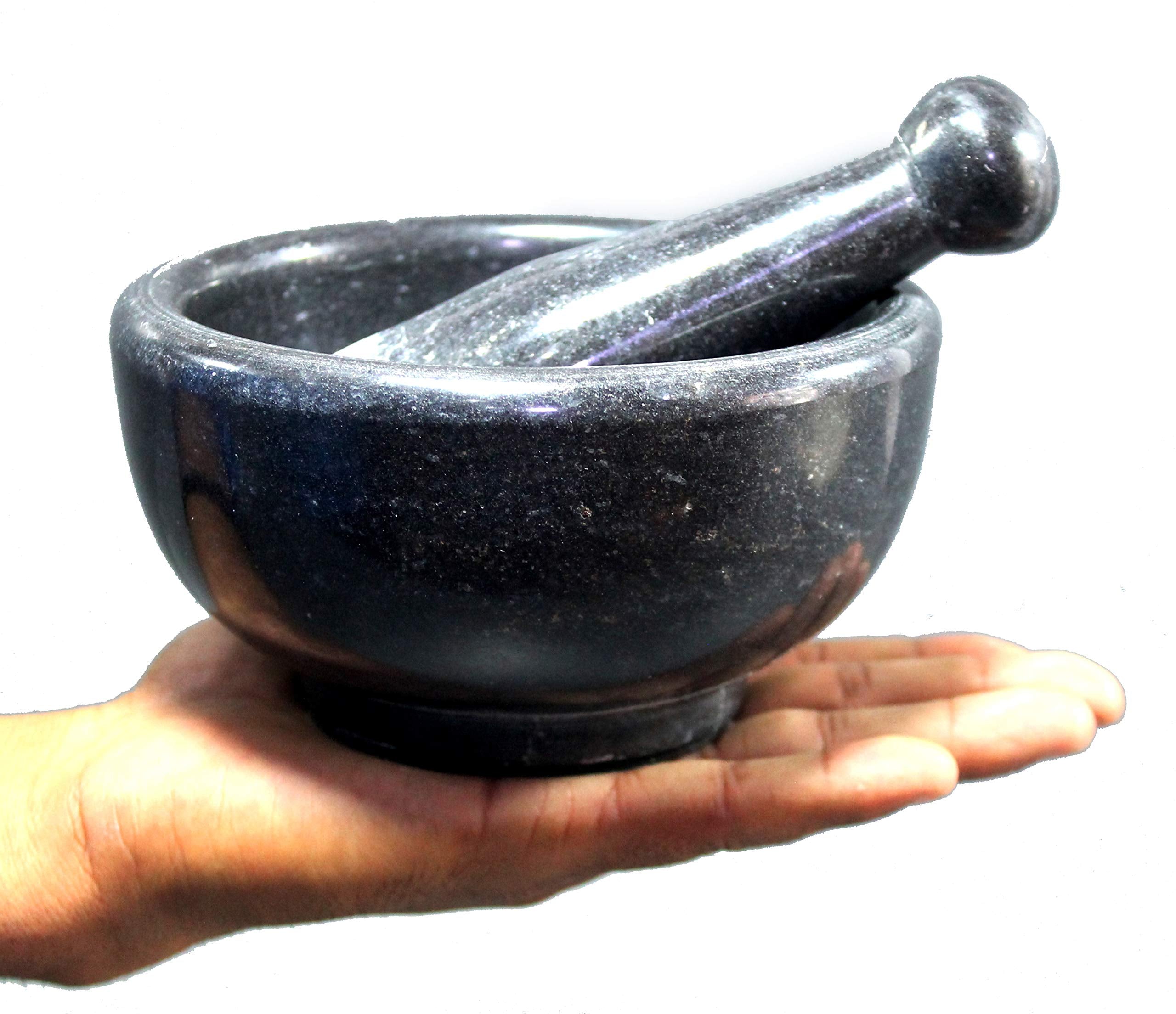 KLEO 6" Wide (BIG SIZE) Natural Stone Mortar and Pestle Set as Spice Grinder Medicine Masher - Okhli And Musal (Black & White)
