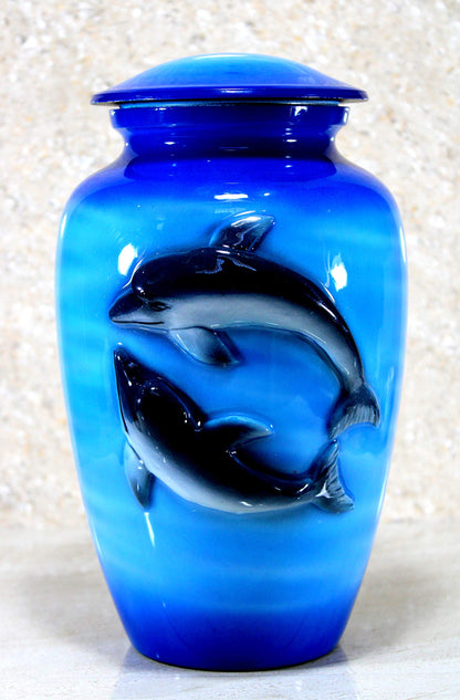 eSplanade Metal Cremation Urn Memorial Jar Pot Container | Full Size Urn for Funeral Ashes Burial | 3D Dolphin Printed | Blue-Black - 10" Inches