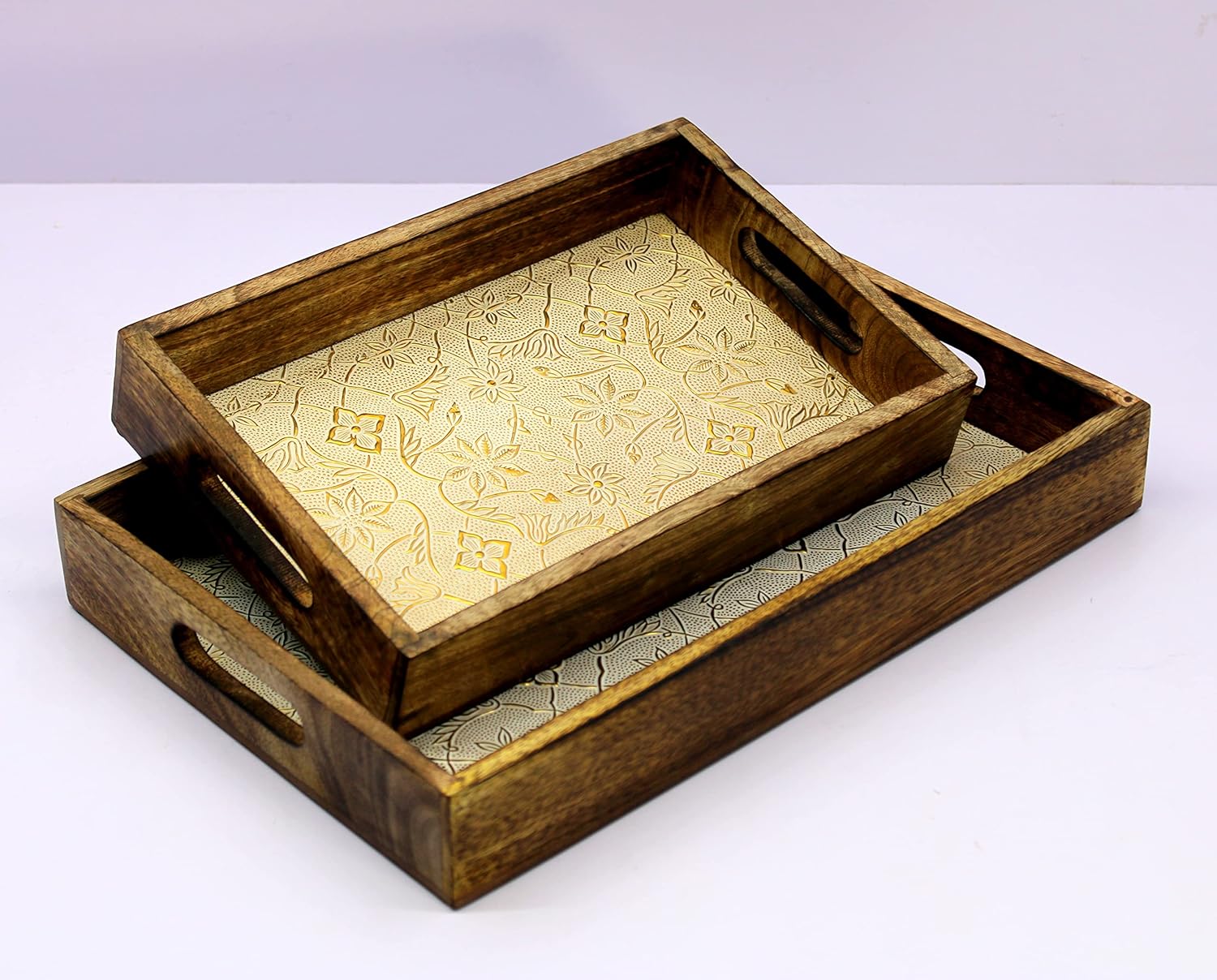 eSplanade KLEO Wooden Engraved Serving Tray - Set of 2 - Serveware Tableware - Wood with Foil Work - 14" Inches - Brown