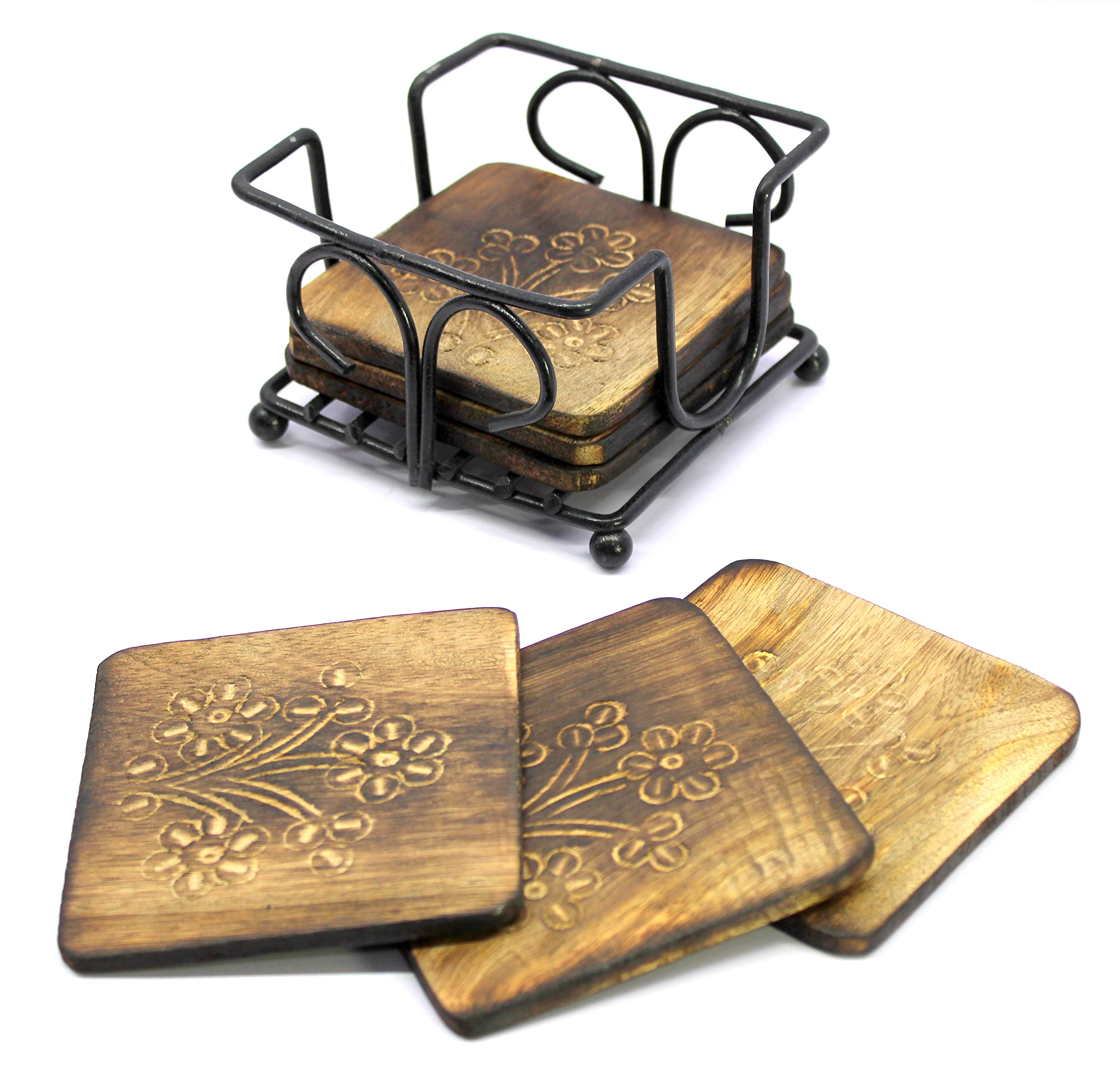 StonKraft Wooden Tea Coffee Coasters/Rustic Vintage Look Coasters Set with Wrought Iron Holder