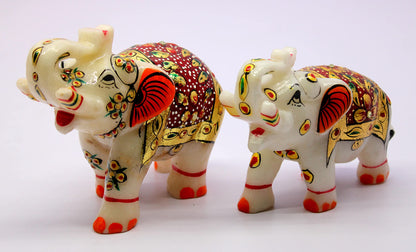 eSplanade Marble Elephant Family - Set of 2 - Sculpture Showpiece Figurines - Home Decor - White Multi - 5" Inches