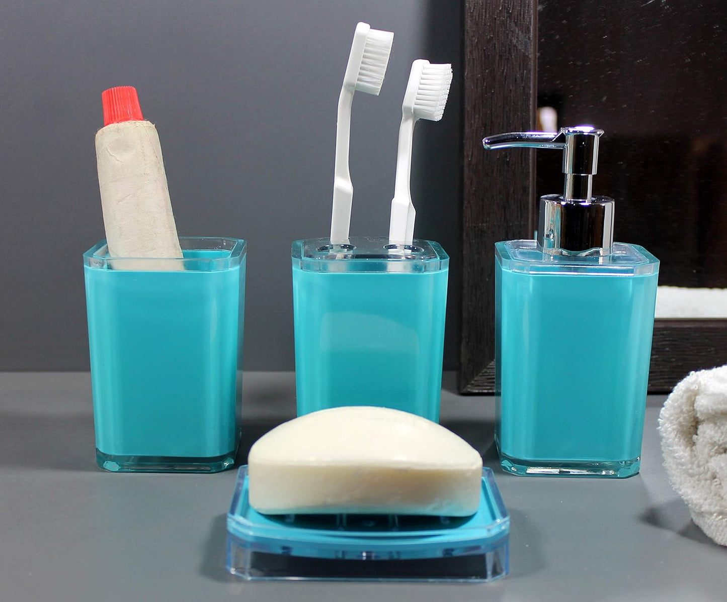 KLEO Bathroom Accessory Set Bath Accessories Set of 4 - Soap Dispenser, Toothbrush Holder, Utility and Soap Dish | Bath Set | Bathroom Accessories (Sea Blue)