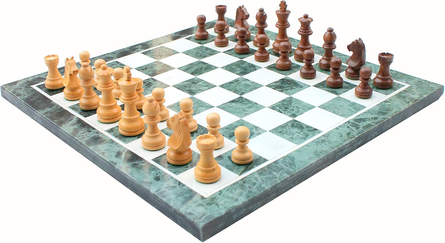 StonKraft Collectible Green Marble Chess Board Set + Brass Wooden Combo Pieces Pawns - Decorative Stone Chess - Home Decor