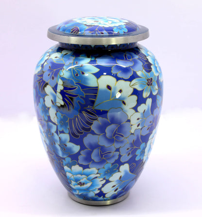 eSplanade Metal Cremation Urn Memorial Jar Pot Container | Full Size Urn for Funeral Ashes Burial | Flowers Printed Urn | Blue - 10" Inches