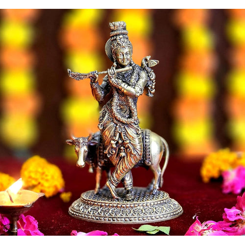 ESPLANADE Brass Krishna Statue, Krishan with Cow Murti, Kishan Krishna Idol Small, Hindu God Idols for Pooja Room, Mandir Decoration, Home Decoration Items for Living Room, Golden