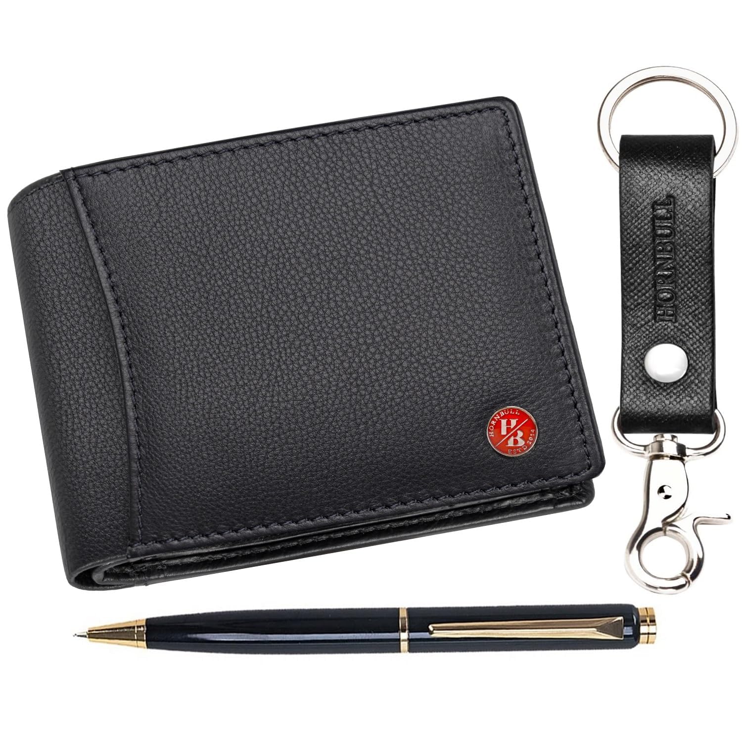 HORNBULL Themes Black Mens Leather Wallet, Keyring & Pen Combo Gift Set for Men | Wallet Men Leather Branded