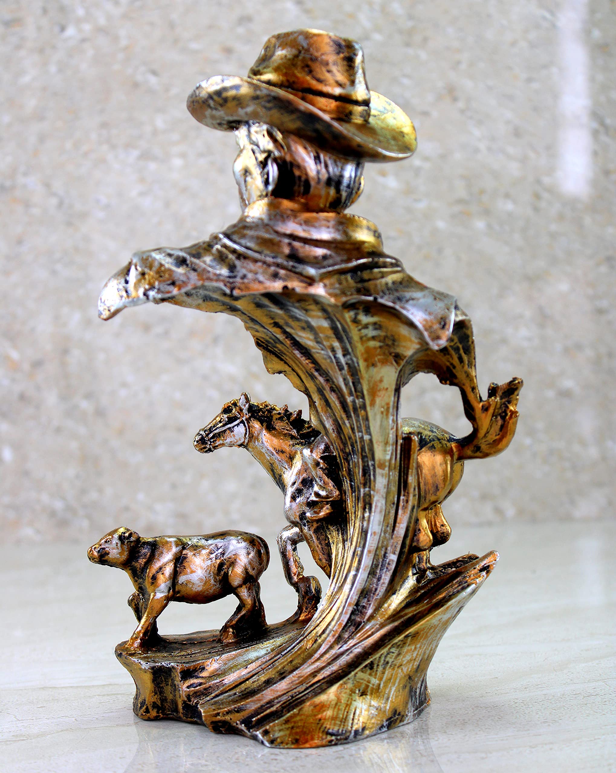 eSplanade Resin Cowboys with Horse, Cow Decorative Sculpture Showpiece Figurine - Home Decor - Grey Brown & Golden Brown- 9" Inches (Height)